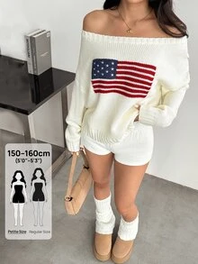 SHEIN PETITE Women's Casual Knitted Top With American Flag Pattern, Autumn/Winter - White - View 10