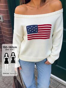SHEIN PETITE Women's Casual Knitted Top With American Flag Pattern, Autumn/Winter - White - View 1