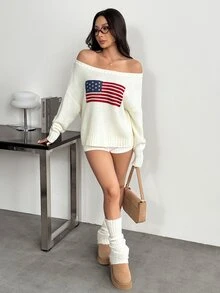 SHEIN PETITE Women's Casual Knitted Top With American Flag Pattern, Autumn/Winter - White - View 4