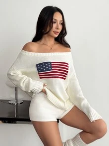 SHEIN PETITE Women's Casual Knitted Top With American Flag Pattern, Autumn/Winter - White - View 5