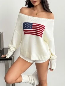 SHEIN PETITE Women's Casual Knitted Top With American Flag Pattern, Autumn/Winter - White - View 7