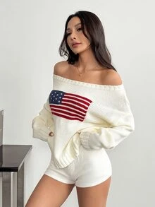 SHEIN PETITE Women's Casual Knitted Top With American Flag Pattern, Autumn/Winter - White - View 3