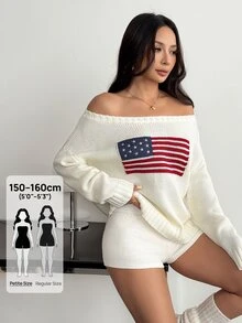 SHEIN PETITE Women's Casual Knitted Top With American Flag Pattern, Autumn/Winter - White - View 8