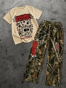 1 Set Tween Boys Short Sleeve & Long Pants Outfit, Camouflage Print Sweatpants, Street Fashion Short Sleeve Top, Apricot & Camouflage Color Combo - Multicolor - View 2