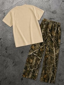 1 Set Tween Boys Short Sleeve & Long Pants Outfit, Camouflage Print Sweatpants, Street Fashion Short Sleeve Top, Apricot & Camouflage Color Combo - Multicolor - View 4
