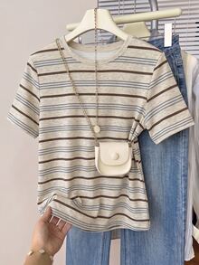 Muvela Women's Casual Round Neck Short Sleeve T-Shirt, Striped T-Shirt - Multicolor - View 6