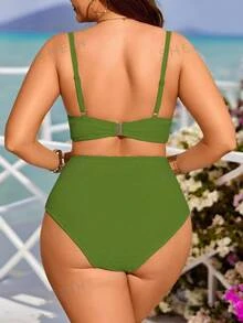 SHEIN Swim Curve Plus Size Women 2pcs Solid Color Gather Spaghetti Strap Bikini Swimwear Set, Vacation Outfit - Green - View 2
