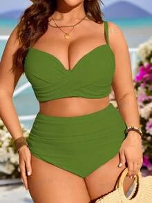SHEIN Swim Curve Plus Size Women 2pcs Solid Color Gather Spaghetti Strap Bikini Swimwear Set, Vacation Outfit - Green - View 4
