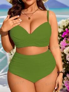SHEIN Swim Curve Plus Size Women 2pcs Solid Color Gather Spaghetti Strap Bikini Swimwear Set, Vacation Outfit - Green - View 3