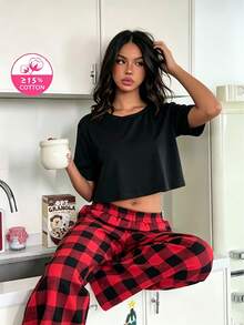 ZzzCrew Set Piyama Atasan Pendek dan Celana Kotak-kotak untuk Wanita - MultiWarna - View 3