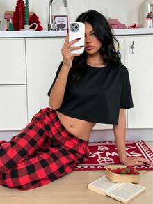 ZzzCrew Set Piyama Atasan Pendek dan Celana Kotak-kotak untuk Wanita - MultiWarna - View 8