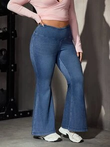 Flexra Plus Size Women Casual Versatile Flare Leg Jeans - Blue - View 2