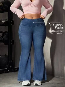Flexra Plus Size Women Casual Versatile Flare Leg Jeans - Blue - View 4