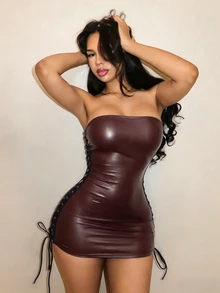 BamGleam 女款性感人造皮革綁帶抹胸短款夏季洋裝 - 棕色 - 查看 6