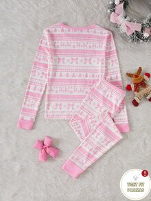 青少年女孩秋冬睡衣套裝，聖誕樹 Fair Isle 蝴蝶結針織彈性貼身款，滿版麋鹿雪花印花，單件販售 - 彩色 - 查看 3