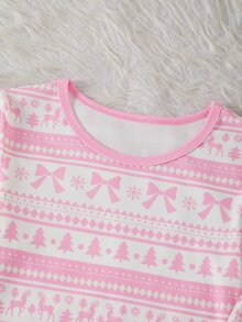 青少年女孩秋冬睡衣套裝，聖誕樹 Fair Isle 蝴蝶結針織彈性貼身款，滿版麋鹿雪花印花，單件販售 - 彩色 - 查看 9