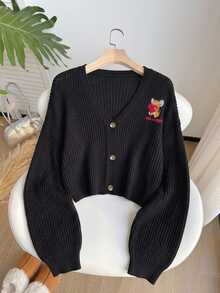 TOM & JERRY X SHEIN SHEIN EZwear 大尺碼女款字母刺繡長袖單排扣針織開襟衫，適合外出、街頭穿搭、機場造型，冬季穿著 - 黑色 - 查看 1