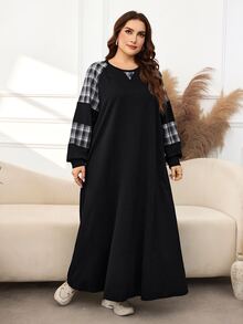 Lacomfia Women's Round Neck Long Sleeve Plaid Patchwork Loose Casual Digital Print Versatile Tummy-Covering Autumn/Winter Plus Size Sweatshirt - Black and White - View 6