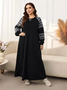 Lacomfia Women's Round Neck Long Sleeve Plaid Patchwork Loose Casual Digital Print Versatile Tummy-Covering Autumn/Winter Plus Size Sweatshirt - Black and White - View 3