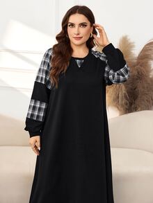 Lacomfia Women's Round Neck Long Sleeve Plaid Patchwork Loose Casual Digital Print Versatile Tummy-Covering Autumn/Winter Plus Size Sweatshirt - Black and White - View 7