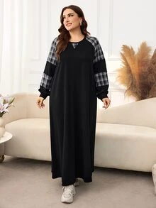Lacomfia Women's Round Neck Long Sleeve Plaid Patchwork Loose Casual Digital Print Versatile Tummy-Covering Autumn/Winter Plus Size Sweatshirt - Black and White - View 4