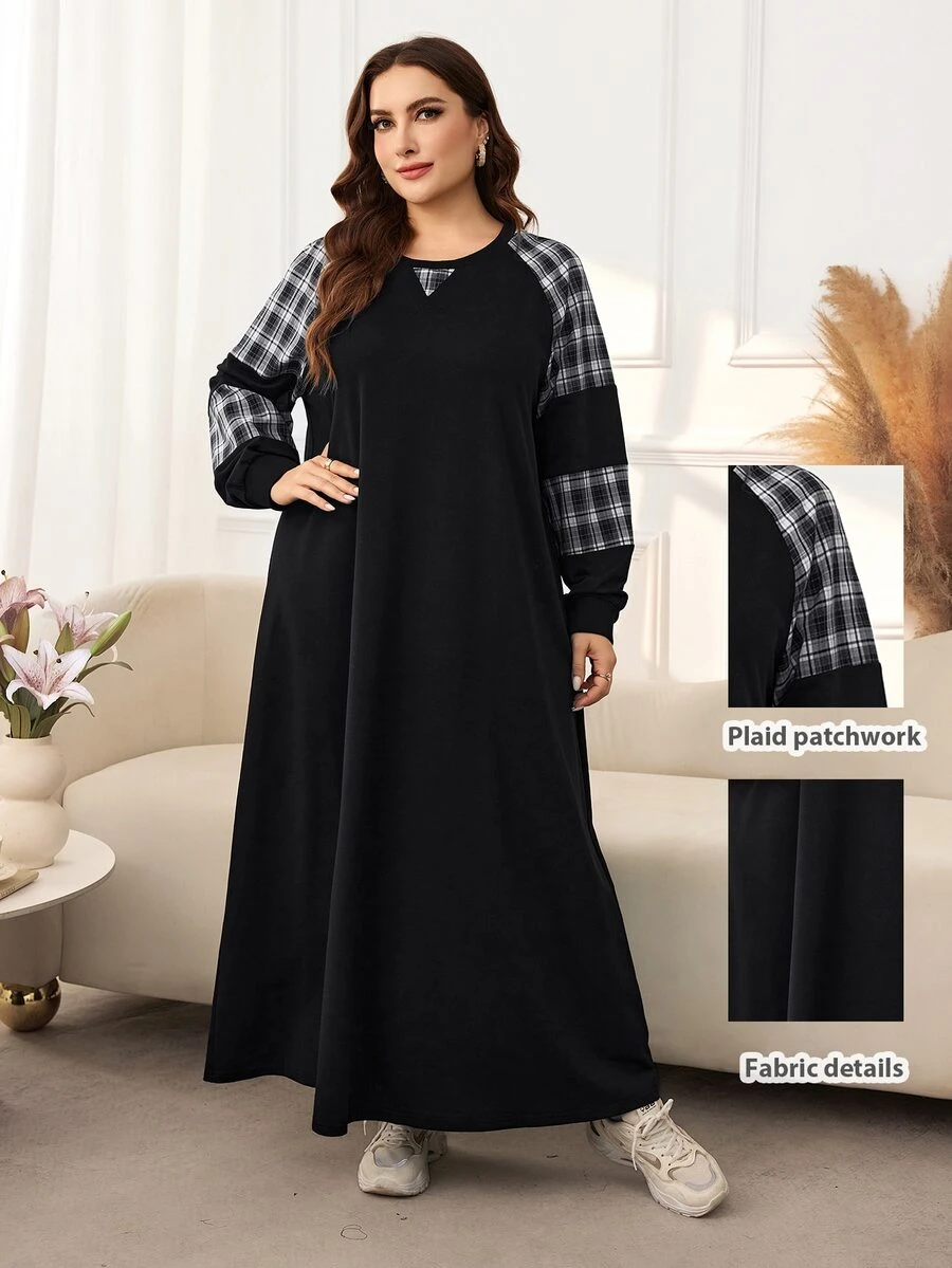 Lacomfia Women's Round Neck Long Sleeve Plaid Patchwork Loose Casual Digital Print Versatile Tummy-Covering Autumn/Winter Plus Size Sweatshirt - Black and White - View 1