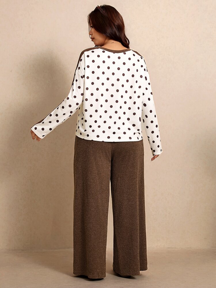 Elaquor Plus Polka Dot Print Contrast Binding Tee & Drawstring Waist Wide Leg Pant Set Elegant Daily Going Out Office Business Work Set For Women Fall/Winter - Multicolor - View 2