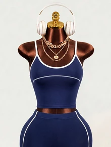 Mistrie Seamless Sports Fitness Yoga Tank Top / Color Block Design / Fashionable & Sexy / Comfortable / Versatile - Navy Blue - View 4
