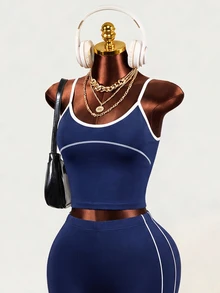 Mistrie Seamless Sports Fitness Yoga Tank Top / Color Block Design / Fashionable & Sexy / Comfortable / Versatile - Navy Blue - View 5