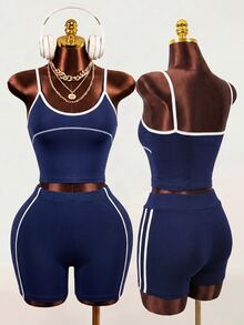 Mistrie Seamless Sports Fitness Yoga Tank Top / Color Block Design / Fashionable & Sexy / Comfortable / Versatile - Navy Blue - View 3