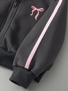 SHEIN Genkimix Kids 女童 2 件套 秋冬款 蓬鬆抓絨彈性針織休閒連帽拉鍊運動外套與寬鬆寬腿長褲套裝 7 歲生日 粉色 - 深灰色 - 查看 5