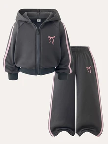 SHEIN Genkimix Kids 女童 2 件套 秋冬款 蓬鬆抓絨彈性針織休閒連帽拉鍊運動外套與寬鬆寬腿長褲套裝 7 歲生日 粉色 - 深灰色 - 查看 4