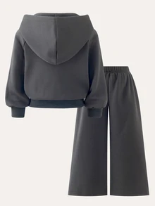 SHEIN Genkimix Kids 女童 2 件套 秋冬款 蓬鬆抓絨彈性針織休閒連帽拉鍊運動外套與寬鬆寬腿長褲套裝 7 歲生日 粉色 - 深灰色 - 查看 2