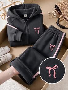 SHEIN Genkimix Kids 女童 2 件套 秋冬款 蓬鬆抓絨彈性針織休閒連帽拉鍊運動外套與寬鬆寬腿長褲套裝 7 歲生日 粉色 - 深灰色 - 查看 1