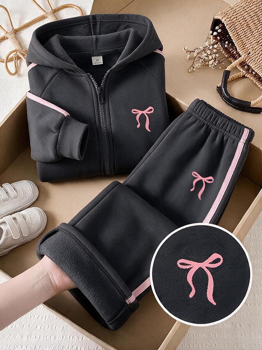 SHEIN Genkimix Kids 女童 2 件套 秋冬款 蓬鬆抓絨彈性針織休閒連帽拉鍊運動外套與寬鬆寬腿長褲套裝 7 歲生日 粉色 - 深灰色 - 查看 1
