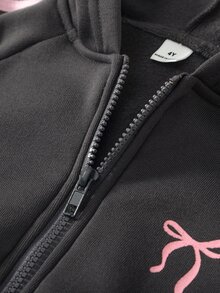 SHEIN Genkimix Kids 女童 2 件套 秋冬款 蓬鬆抓絨彈性針織休閒連帽拉鍊運動外套與寬鬆寬腿長褲套裝 7 歲生日 粉色 - 深灰色 - 查看 7