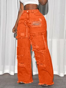 BriallanyX BriallanyX Jeans anchos de talla grande con lavado y efecto desgastado - Naranja - Ver 5