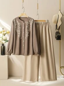 Lacomfia Women's Heavy Embroidery Long Sleeve Top And Wide Leg Pants Casual Comfortable Autumn Colorblock Plus Size 2 Pieces Set - Multicolor - View 3