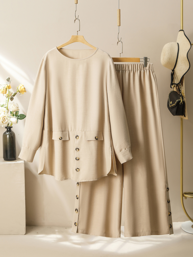 Lacomfia Women's Casual Comfortable Spring/Autumn Solid Color Design Plus Size 2 Pieces Set - Apricot - View 3