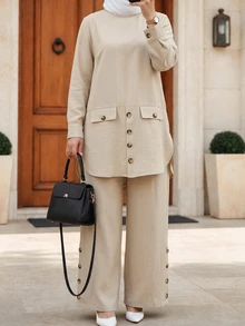 Lacomfia Women's Casual Comfortable Spring/Autumn Solid Color Design Plus Size 2 Pieces Set - Apricot - View 1