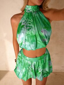 SHEIN Unity 翡翠綠花卉熱帶葉片印花掛脖短版上衣與泡泡短褲套裝，女款兩件式海灘度假、夏季假期、泳池派對穿搭 - 彩色 - 查看 6