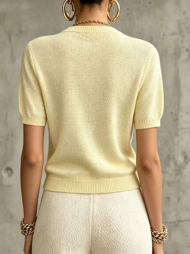 Ceyna Plus Size Fashion Minimalist Elegant Butter Yellow Short Sleeve Round Neck Chest Pocket Metal Button Cardigan Sweater, Daily Work Office Autumn Jacket - Yellow - View 2