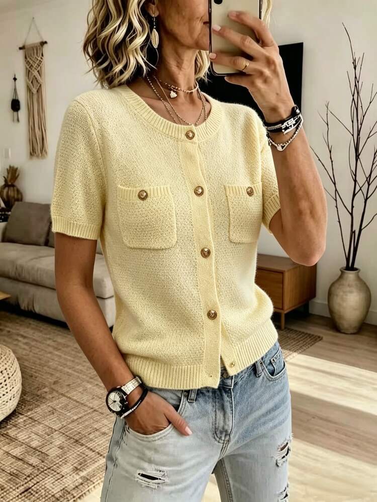 Ceyna Plus Size Fashion Minimalist Elegant Butter Yellow Short Sleeve Round Neck Chest Pocket Metal Button Cardigan Sweater, Daily Work Office Autumn Jacket - Yellow - View 4