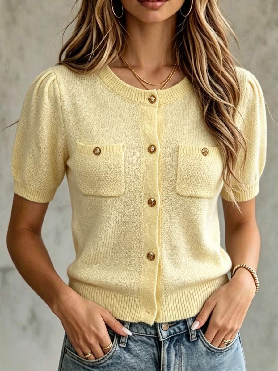 Ceyna Plus Size Fashion Minimalist Elegant Butter Yellow Short Sleeve Round Neck Chest Pocket Metal Button Cardigan Sweater, Daily Work Office Autumn Jacket - Yellow - View 1