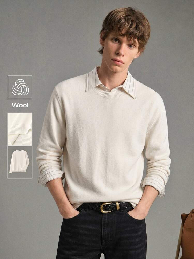 Calmiston Old Money Men's Wool Blend Crew Neck Knit Sweater Solid Color Streetwear Casual Long Sleeve Pullover For Daily Wear Autumn Party Office Business - Apricot - View 1