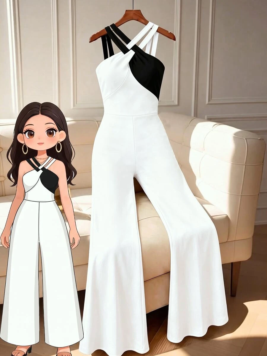 GlowEve CURVE Plus Size Simple Elegant Versatile Colorblock Patchwork Women's Jumpsuit - White - View 1