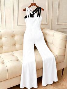 GlowEve CURVE Plus Size Simple Elegant Versatile Colorblock Patchwork Women's Jumpsuit - White - View 2