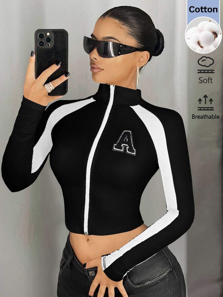 SHEIN ICON Women's Slim Fit T-Shirt With Small Stand Collar, Color Block Patchwork And Badge Decoration Gym Black Autumn Streetwear - Black and White - View 1