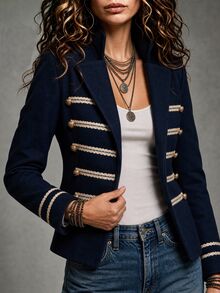SHEIN Women's Autumn/Winter Elegant Napoleon Style Navy Blue Gold Trim Thick Long Sleeve Overcoat - Navy Blue - View 4