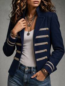 SHEIN Women's Autumn/Winter Elegant Napoleon Style Navy Blue Gold Trim Thick Long Sleeve Overcoat - Navy Blue - View 5